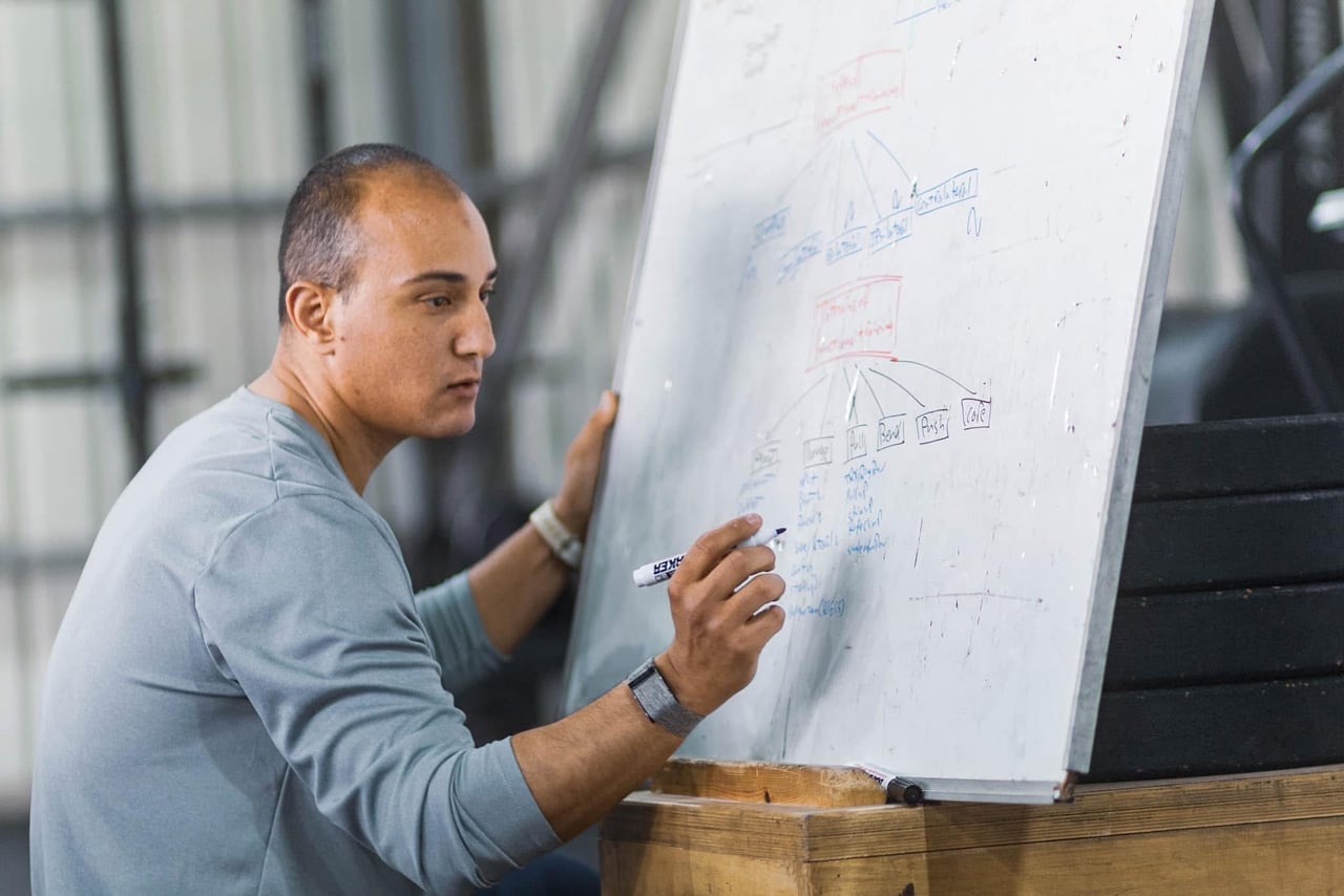Yehia writing a training programme on a whiteboard on the training floor.
